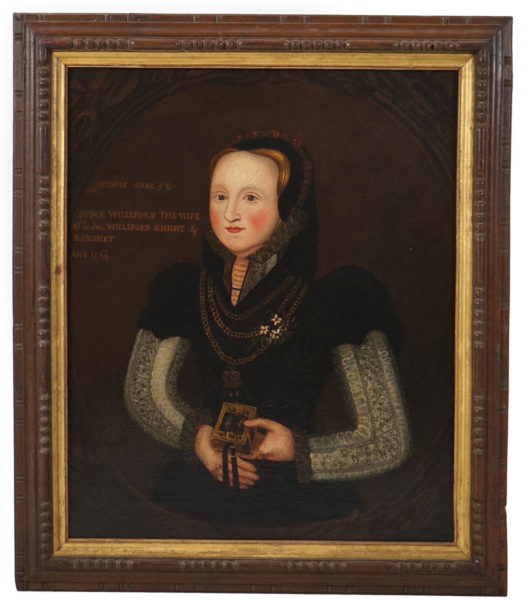 English School , Portrait Joyce Willsford, the wife of Sir James Willsford, Knight & Baronet, Aetatis suae 50 ano 1564, oil on canvas, 72 x 60cm